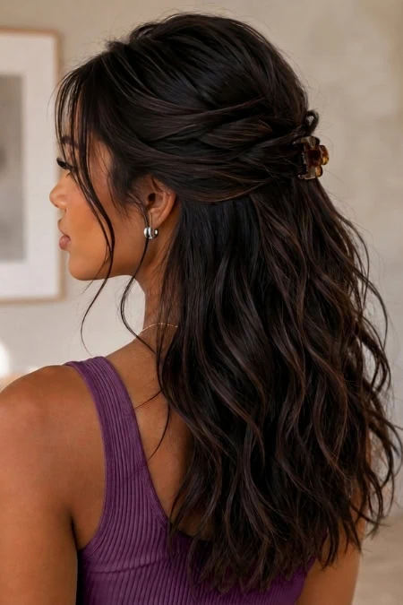 Long wavy brunette hair styled with a half-up, half-down look featuring a decorative hair clip, worn by a woman in a purple sleeveless top, showcasing elegant hair and fashion.