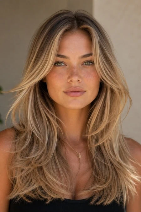 Close-up of a young woman with long, wavy blonde hair and natural makeup, looking confidently at the camera, representing beauty and skincare themes.