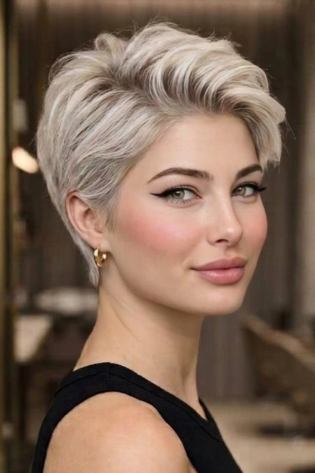 Stylish woman with short platinum blonde hair, winged eyeliner, and gold hoop earrings, showcasing modern beauty and hair styling.