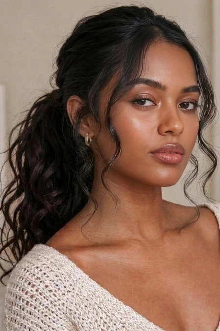 Close-up of a young woman with dark wavy hair, natural makeup, and a neutral expression, wearing a cream knitted sweater, showcasing beauty and skincare focus.