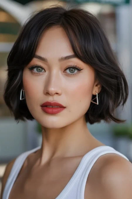 Close-up of a young woman with short dark hair, blue eyes, and makeup, wearing a white tank top and geometric earrings, in a bright, modern setting.