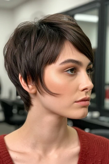 Close-up of a young woman with a short, stylish haircut in a salon setting, showcasing modern hair styling and beauty care.