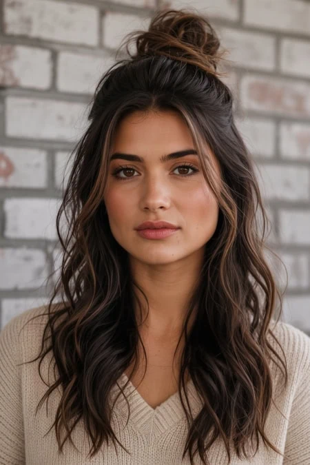 Portrait of a young woman with long wavy brown hair styled in a messy bun, wearing a beige sweater, standing against a white brick wall, showcasing natural beauty and casual style.