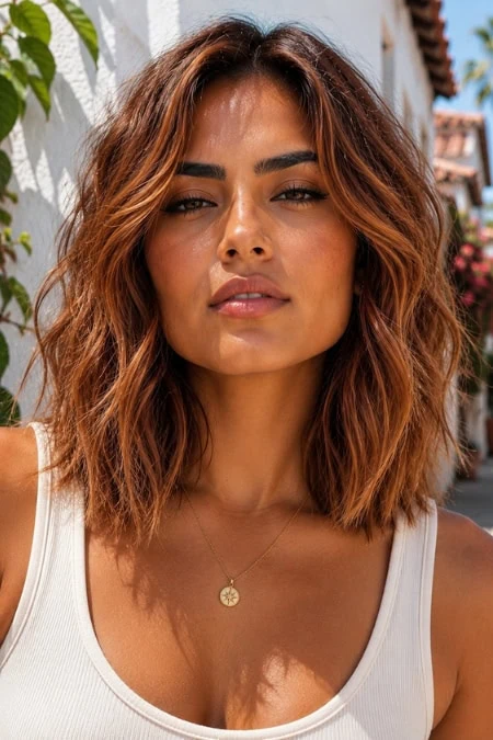 Close-up of a young woman with wavy, shoulder-length brown hair and warm skin tone, wearing a white tank top and a gold necklace, outdoors with sunlight and a white building in the background.