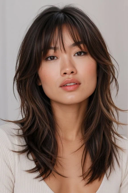 Close-up of a young woman with medium-length wavy brown hair and natural makeup, showcasing healthy skin and a confident expression.