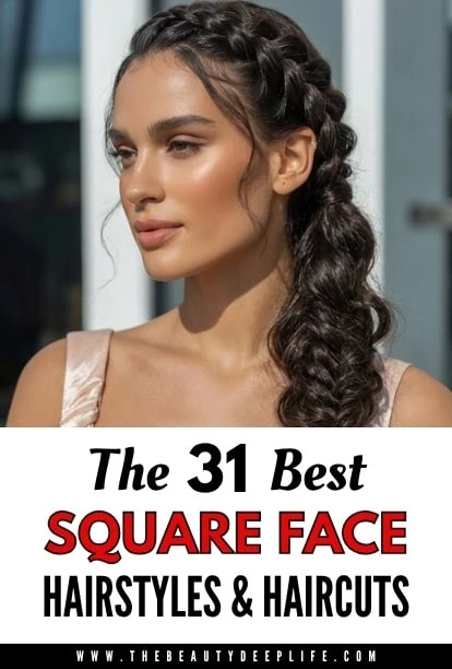 Beautiful woman with a square face showcasing trendy braided hairstyle, perfect for square face shapes, on a sunny day.