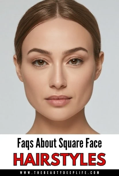 Close-up of a woman with a symmetrical square face, smooth skin, and natural makeup, illustrating hairstyle options for square face shapes.