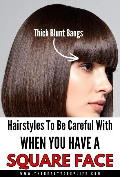 Square face hairstyle with thick blunt bangs for a flattering look, featuring straight, shiny brown hair and a side profile.