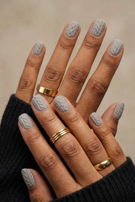 Close-up of hands with light gray knitted textured winter nails trend and gold rings on fingers, black sweater sleeves visible, soft neutral background.