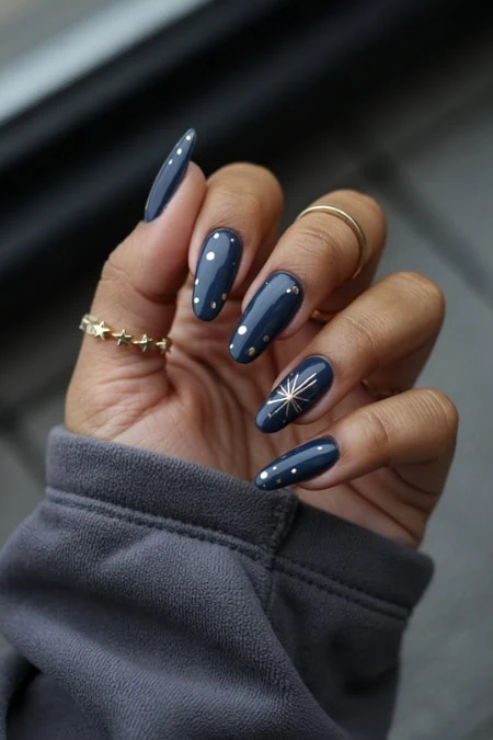 Navy blue manicure with white polka dots and a starburst accent nail, styled on a hand with multiple rings and a gray sleeve, suitable for Beauty Deep Life SEO.