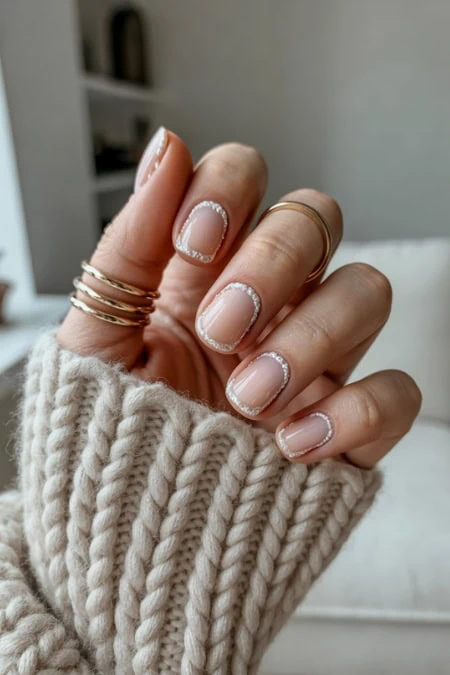 Close-up of a hand with winter nilas trend and neatly manicured nails featuring a soft pink neutral polish and delicate white French tip accents, wearing multiple thin gold rings and a chunky knit sweater sleeve.