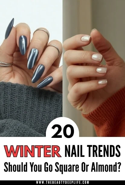 Close-up of two hands showcasing winter nail trends: left hand with long stiletto nails in dark blue-gray polish, right hand with shorter almond nails in light beige polish, featuring cozy knitwear in.