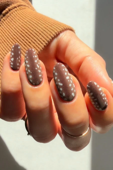 Polished almond nails with chocolate brown matte base and white dotted accents, close-up on a hand with sunlit skin and a beige knit sleeve.