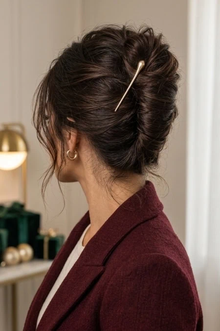 Elegant updo hairstyle with a hairpin, perfect for holiday parties and festive occasions.