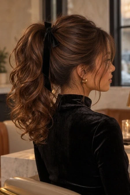 Elegant woman with voluminous, curly brown hair styled in a high ponytail with a black ribbon, wearing a black velvet top in a cozy cafe setting.