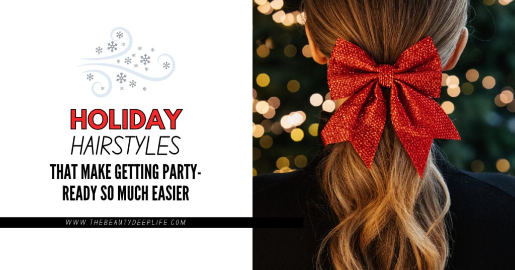 Holiday hairstyle with a red bow hair accessory, perfect for festive parties and celebrations.