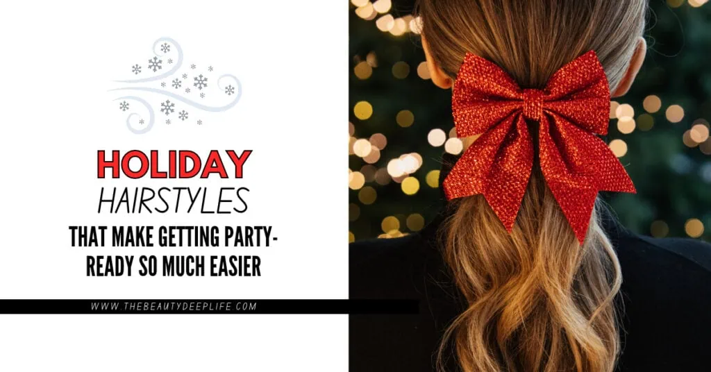 Holiday hairstyle with a red bow hair accessory, perfect for festive parties and celebrations.
