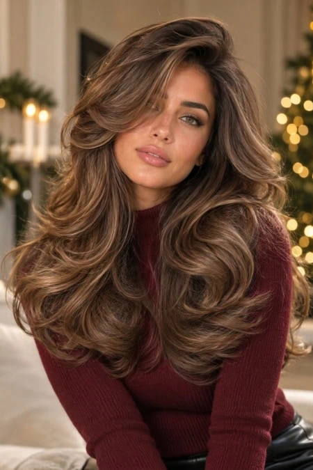 Beautiful woman with long, voluminous wavy hair in a cozy, festive indoor setting with Christmas lights and candles.