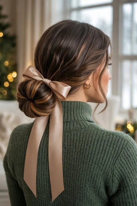 Elegant woman with a beige satin ribbon tied in a bow in her hair, wearing a green sweater, in a cozy, decorated home setting with Christmas lights.