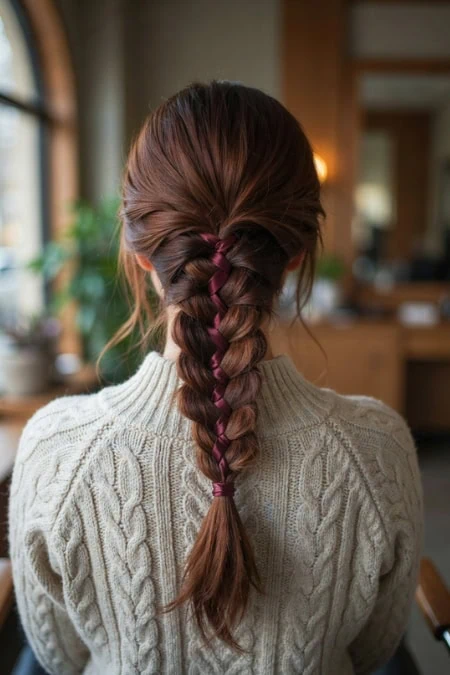 Back view of a woman with a beautifully styled braid in her brown hair, wearing a cozy cream cable-knit sweater, in a warm, inviting indoor setting with natural light.