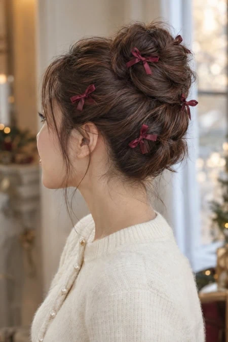 Elegant updo hairstyle with multiple small burgundy bows, perfect for festive occasions or special events.