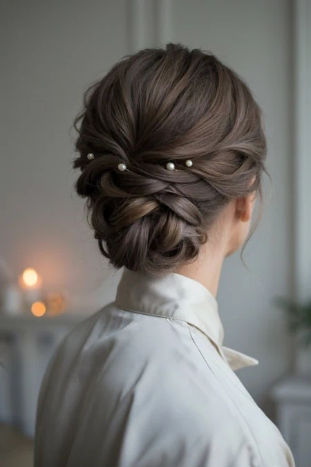 Elegant updo hairstyle with pearl accents, perfect for special occasions or weddings, showcasing sophisticated hair styling and beauty.