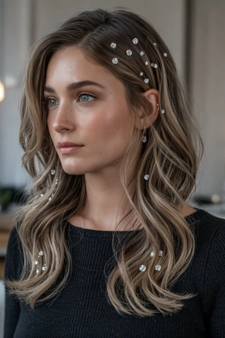 Elegant woman with wavy blonde hair adorned with pearl hairpins, wearing a black top, in a modern indoor setting, showcasing beauty and hairstyle accessories.
