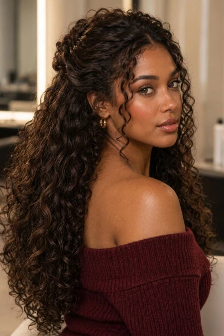 Beautiful woman with long, curly hair and warm skin tone, wearing a burgundy off-shoulder sweater, in a salon setting with hair products in the background.