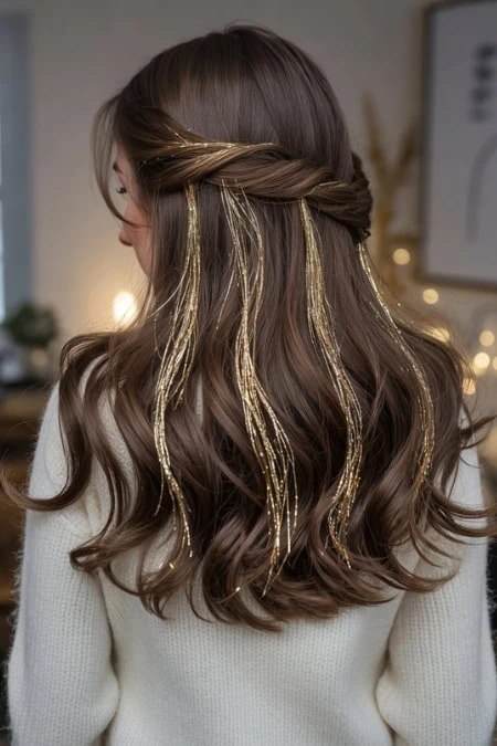 Beautiful brunette hair styled in loose waves with gold hair extensions, perfect for a festive or special occasion look.