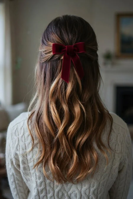 Back view of a woman with long wavy hair styled with a red velvet bow, perfect for holiday party hairstyles.