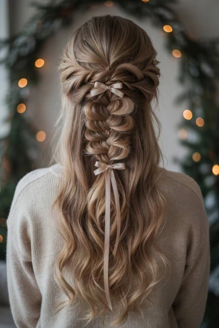 Elegant braided hairstyle with ribbons, perfect for festive occasions, showcasing intricate hair styling and long, wavy blonde hair.
