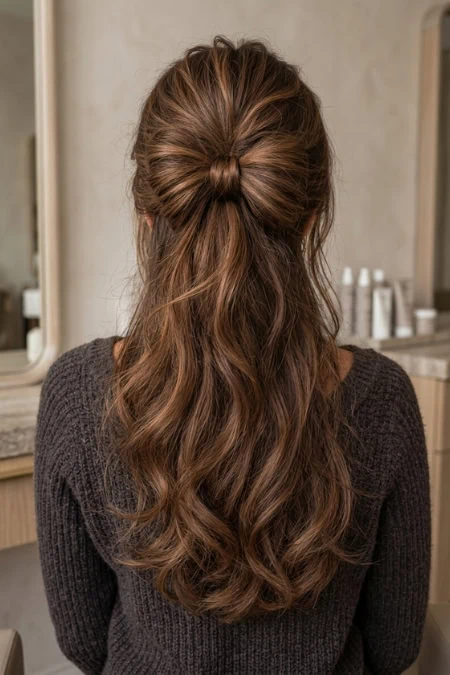 Long, wavy brunette hair styled in a half-up, half-down hairstyle, showcasing healthy, shiny hair with soft curls, in a salon setting.