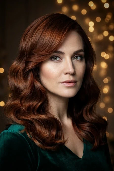 Elegant woman with long, wavy auburn hair and natural makeup, wearing a dark green top, in a warm, softly lit setting with bokeh lights in the background.
