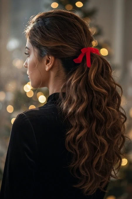Woman with long, wavy brown hair tied with a red ribbon, facing left, in a festive setting with blurred Christmas lights in the background.