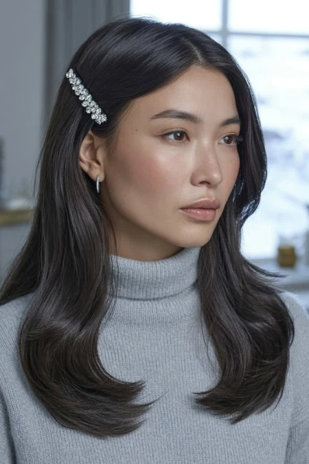 Elegant woman with long dark hair styled in loose waves, wearing a pearl hair clip and silver earrings, in a modern indoor setting with natural light.