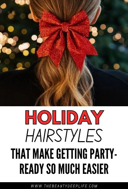 Back view of a woman with long hair tied with a large red holiday bow, festive background with blurred lights, holiday hairstyles for party-ready looks.
