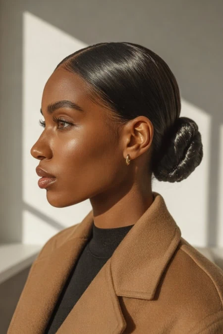 Elegant woman with sleek, low bun hairstyle, wearing a tan coat and black top, in natural sunlight, showcasing beauty and hair styling for skincare and beauty blog.